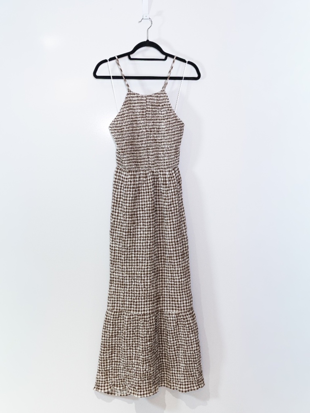 NEW Zara High Neck Brown White Gingham Check Print Smocked Tiered Maxi Dress XL